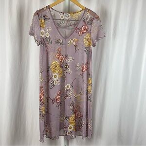 Love, Fire Large Sheer Floral Shirt Dress 90's Lettuce Hem Mauve Sheath